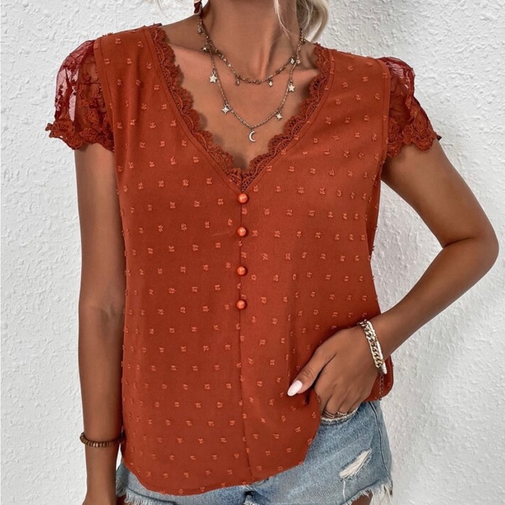 Burnt Orange Lace Detail Mesh Blouse